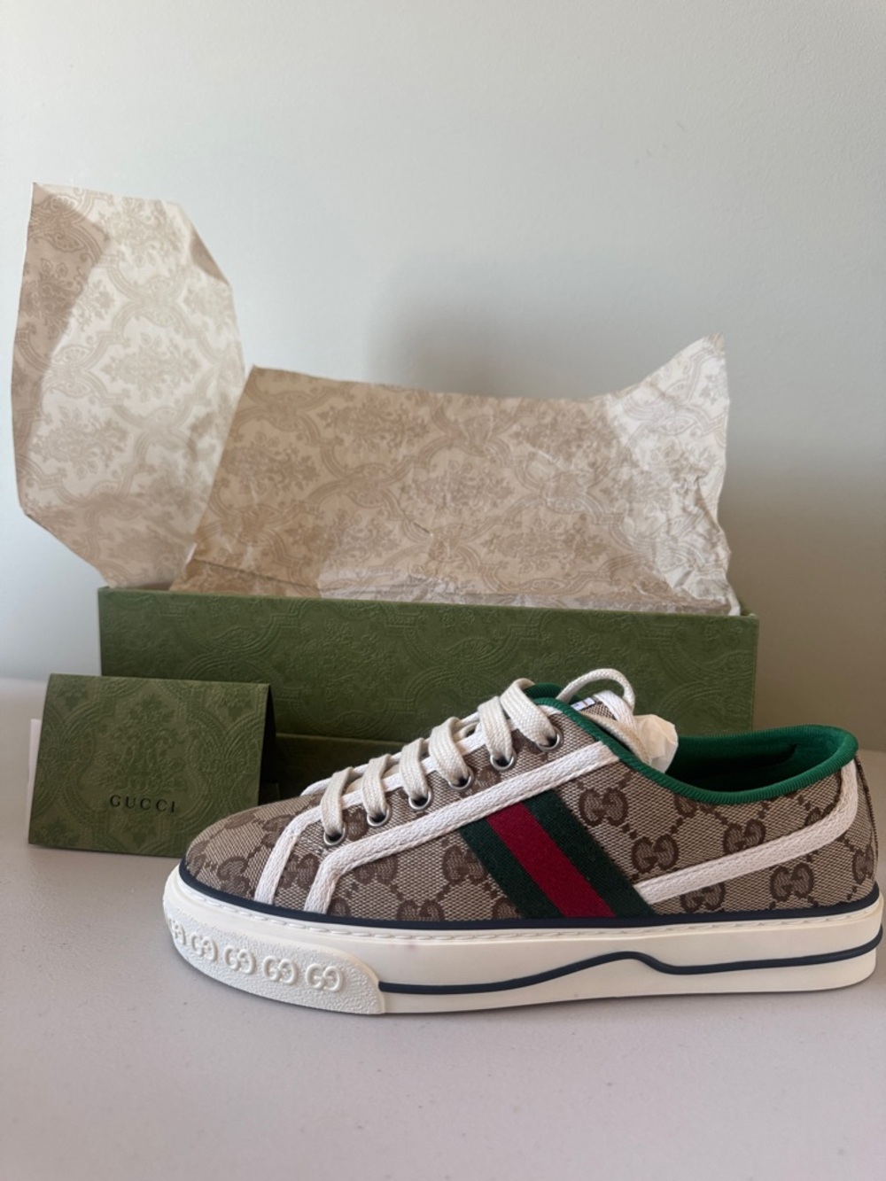 Gucci Beige GG Supreme Sneaker with Red & Green Web